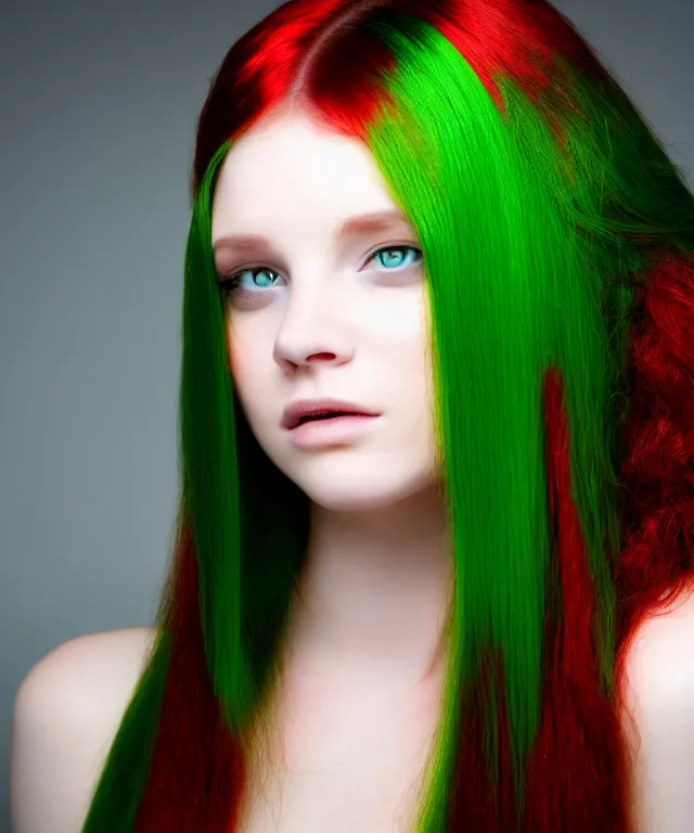 Image similar to Beautiful young woman, Fae, portrait, long red hair, green highlights