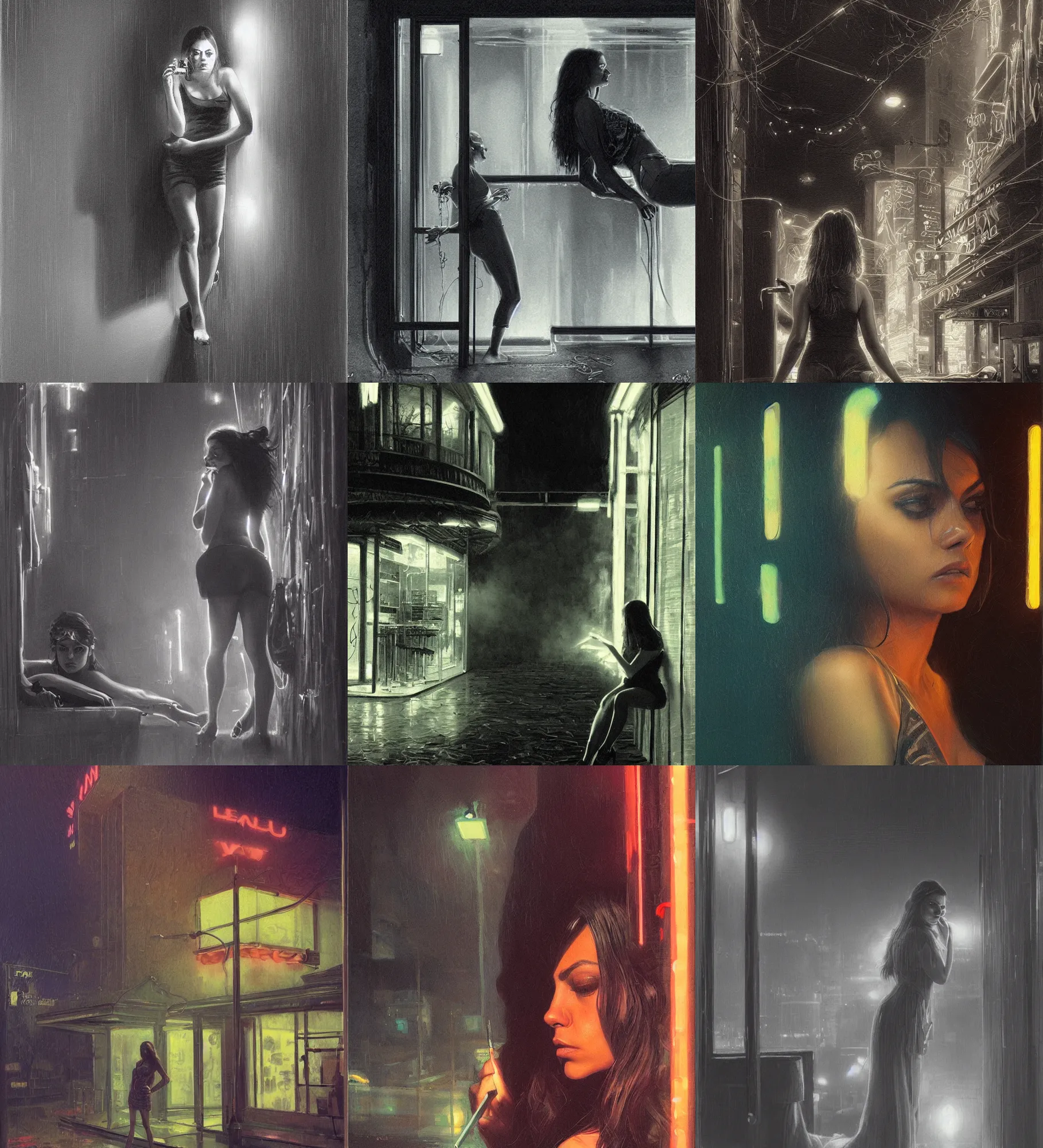 Prompt: foggy neon night, mila kunis leaning back against a wall smoking a cigarette outside a neon lit entrance, 1 9 7 0 s, intricate, moody, tasteful, intimate, highly detailed, short focus depth, artgerm, donato giancola, joseph christian leyendecker