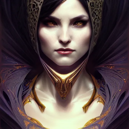 Image similar to Portrait of female sorceress, dark fantasy, medium shot, intricate, elegant, highly detailed, digital painting, artstation, concept art, smooth, sharp focus, illustration, art by artgerm and greg rutkowski and alphonse mucha