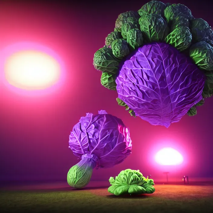 Image similar to high quality 3 d render very cute cabbages! money dollar party explosion, highly detailed, unreal engine cinematic smooth, moody purple glow light, low angle, uhd 8 k, sharp focus