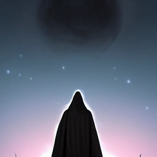 Image similar to hooded figure standing at the edge of reality gazing into the unknown, sunset on distant planet, detailed digital painting, smooth, sharp focus, artstation, artgerm, 4 k ultra hd, fantasy dark art