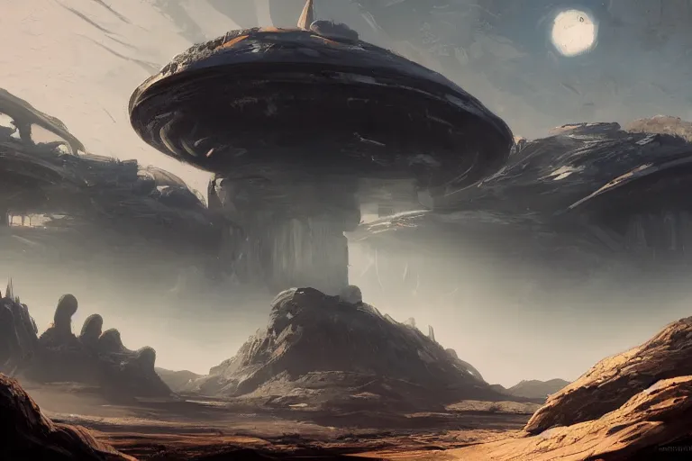 Prompt: cinematic surface of an alien planet, concept art trending on artstation,