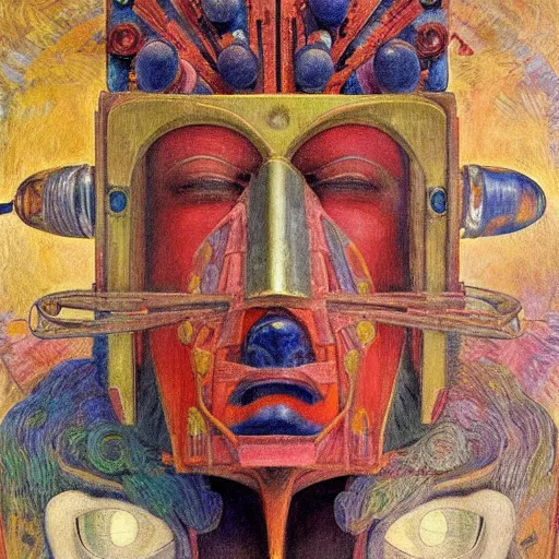 Prompt: masterpiece painting of the head of a robot wearing a mask made of flowers, by annie swynnerton and diego rivera and jean delville and tino rodriguez, flower mask, symbolist, dramatic lighting, god rays, elaborate geometric ornament, art brut, soft cool colors, smooth, sharp focus, extremely detailed, adolf wolfli