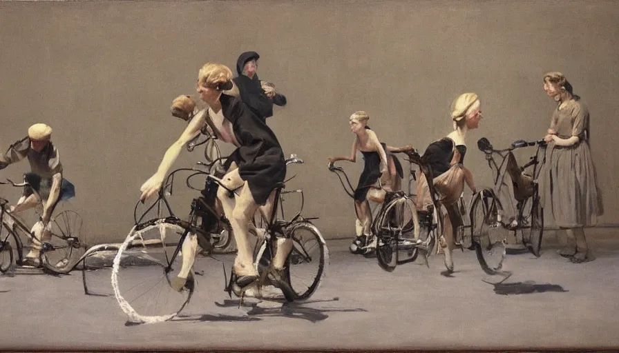 Image similar to painting by borremans, scene with bicycle on theatre, detailed, stunning