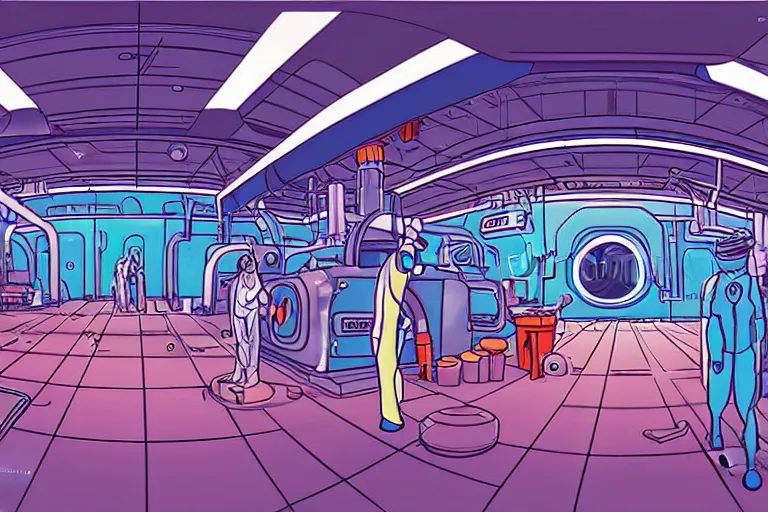 Image similar to a scifi illustration, factory interior. top down fisheye view. vats of fluid. and many workers. flat colors, limited palette in FANTASTIC PLANET La planète sauvage animation by René Laloux