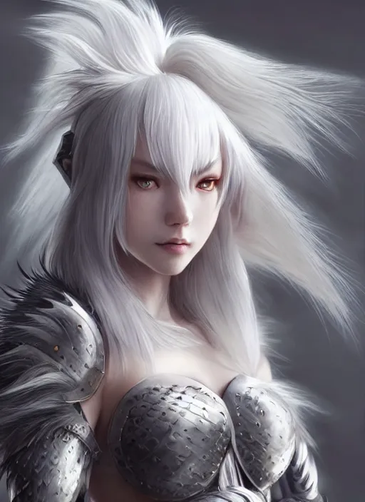 Prompt: warrior, fur - lined wolf armor!!! beautiful and elegant white hair female!! gorgeous ayes!! character concept art, sharp focus, octane render! unreal engine 5! highly rendered!! trending on artstation!! detailed linework!! illustration by artgerm, wlop, and chie yoshii