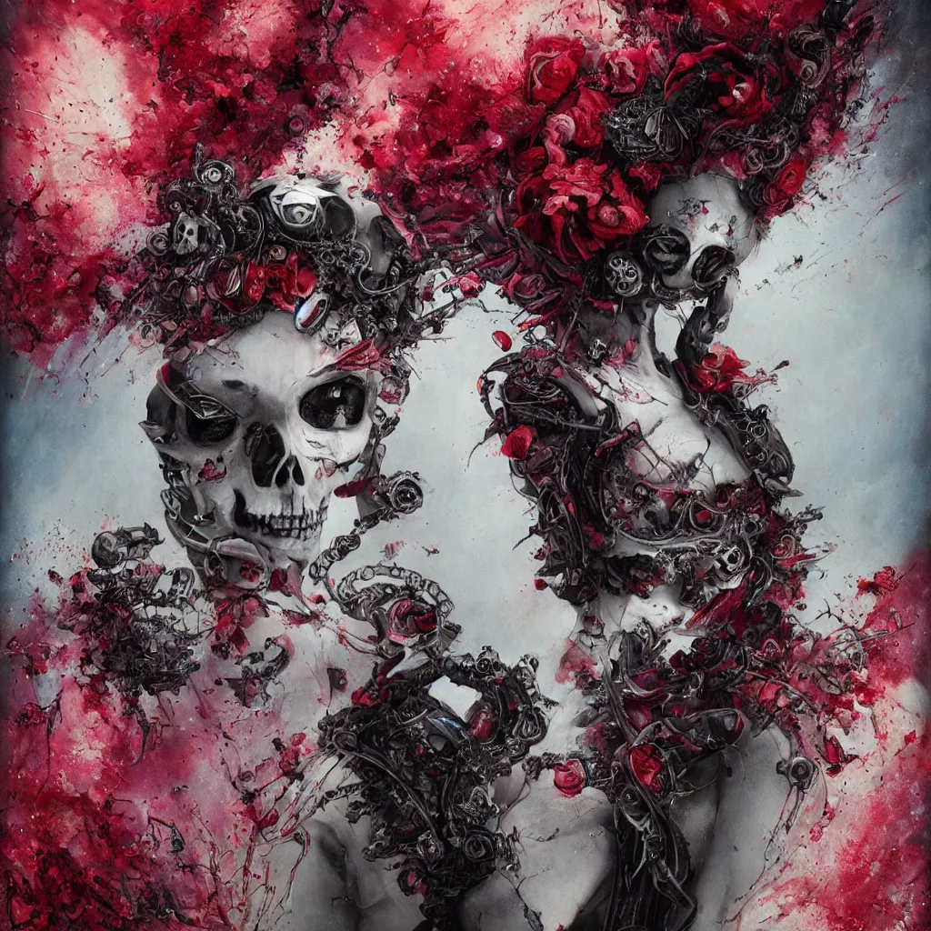 Image similar to queen of hearts, cyborg, skull, highly detailed, cinematic, 8 k, by megan duncanson, benjamin lacombe, adrian borda, stanley artgermm, tom bagshaw, craig mullins, carne griffiths, ayami kojima, beksinski, giger, trending on deviantart, hyper detailed, horror, full of colour