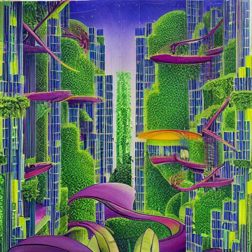 Image similar to a solar punk lush giant plants city, modern architecture by ricardo bofill, city of the jungle, by enrich, victorenrich, galactic nebula, surrealist oil painting