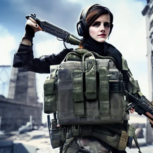 Image similar to Emma Watson a dressed as Counter-Terrorist in CSGO ,hyperrealistic, 8k UHD, studio photography, high quality, high detail, stunning lighting