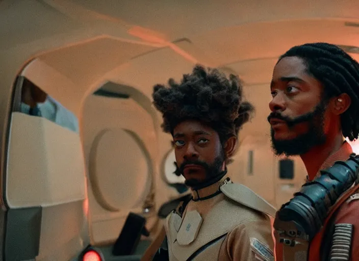 Image similar to first official image from wes anderson's new space opera film starring lakeith stanfield and grimes. shot on alexa mini, stunning cinematography, filmgrain, kodak vision 2 0 0 t, shot composition