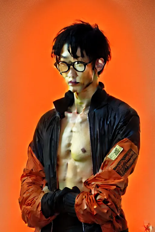 Prompt: thin japanese man with short black hair, thick round spectacles, wearing a bright orange bomber jacket, seductive communist dark fantasy, art by artgerm and karol bak and moebius and alphonse mucha and greg rutkowski, hyperdetailed, ultrarealistic, octane render