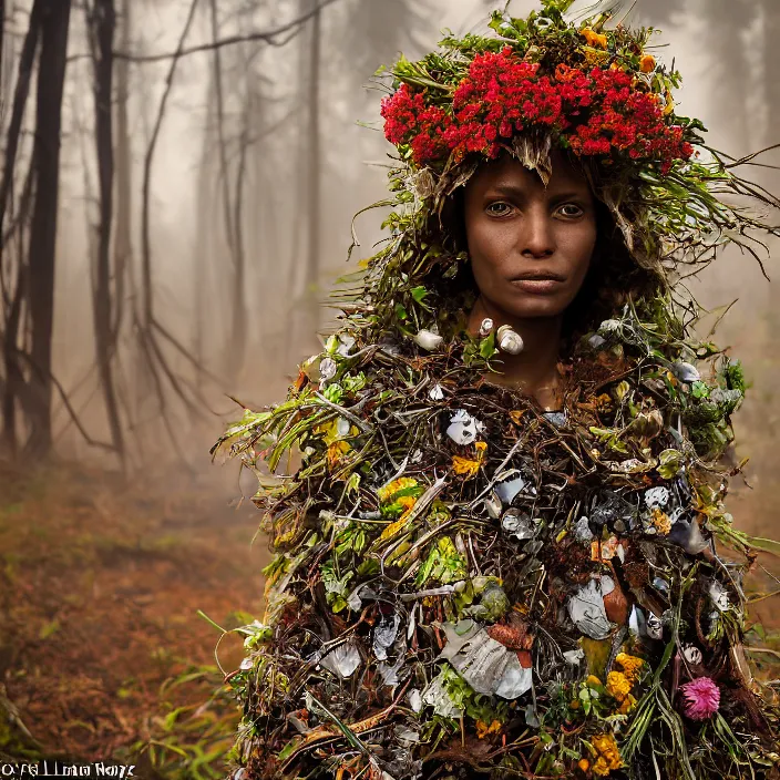 Image similar to closeup portrait of a woman wearing a cloak made of flowers and metal scraps, standing in a burnt forest, by Annie Leibovitz and Steve McCurry, natural light, detailed face, CANON Eos C300, ƒ1.8, 35mm, 8K, medium-format print