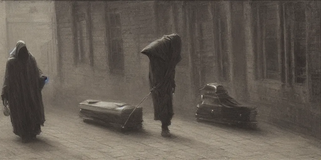 Image similar to a cloaked man dragging a black wooden coffin down the street by a chain lit only by gas lamps by john howe and henry ossawa tanner, trending on artstation, hyperrealism, highly detailed, art gallery, museum piece