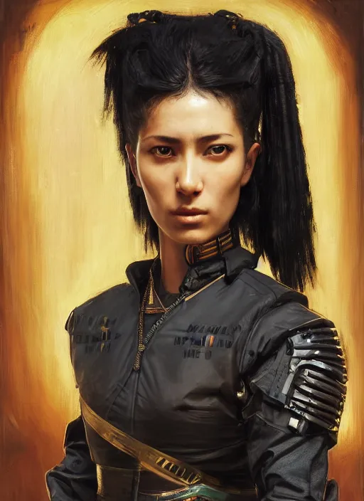 Image similar to Maria. beautiful cyberpunk Samurai woman wearing a military vest and military jumpsuit (cyberpunk 2077). gorgeous african face. Iranian orientalist portrait by john william waterhouse and Edwin Longsden Long and Theodore Ralli and Nasreddine Dinet, oil on canvas. Cinematic, hyper realism, realistic proportions, dramatic lighting, high detail 4k