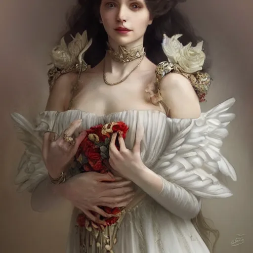 Image similar to a queen with a decorated dress made of white and cream colored roses holding a realistic and detailed white swan in her arms, highly detailed, digital painting, Trending on artstation , HD quality, by artgerm and greg rutkowski and alphonse mucha, dramatic light, octane