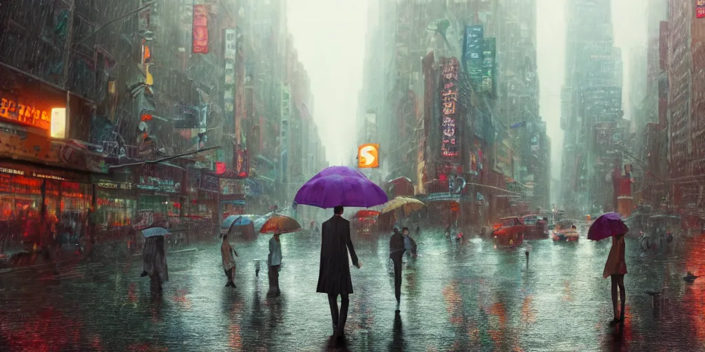 Image similar to a ultra photorealistic and sharp film still trough a raincovered window on a rainy but colourful day in new york. sparkling lights, people with umbrellas standing in the street, wide shot, frog perspective, wes anderson, studio ghibli, pixar and disney animation, octane render, anime key art by greg rutkowski, dramatic lighting, award winning photography