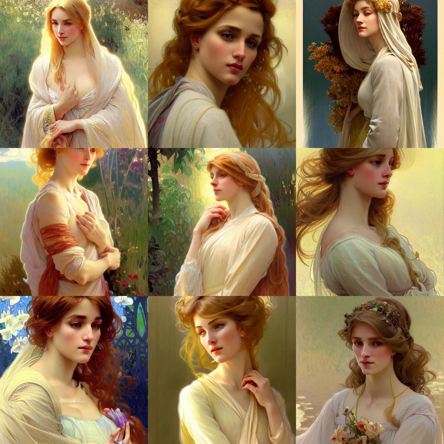 Prompt: painted portrait of a modest wife blessed by god with ever - increasing intelligence beauty and virtue. blonde, clothed holy body, light effect. modern fantasy, feminine, powerful, in clothes! highly detailed, intricate, elegant, concept art, digital painting, artstation, smooth, sharp focus, illustration, art by gaston bussiere and alphonse mucha