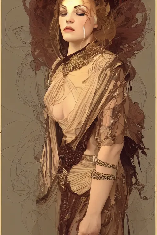 Image similar to high priestess, no noise, elegant, concept art, sharp focus, beautiful face!!, digital art, smooth defined outlines!!, human anatomy, human structure, vector background, by Brom, trending on Artstation, Alphonse Mucha, Tom Bagshaw, Sargent