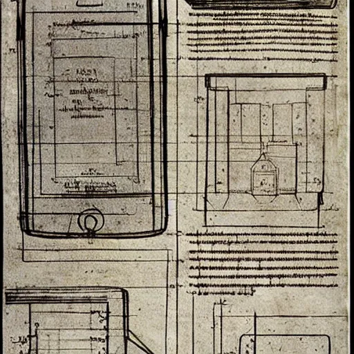 Image similar to blueprint of an iphone by leonardo da vinci