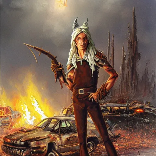 Image similar to a skinny high-fantasy elf with a long narrow face and spiky blonde hair wearing dark brown overalls and holding a bomb next to a destroyed car, painting by Ed Binkley