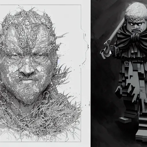 Image similar to lego character, pen and ink, intricate line drawings, by craig mullins, ruan jia, kentaro miura, takehiko inoue, greg rutkowski