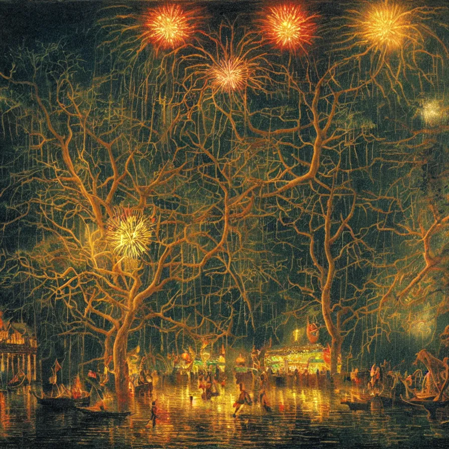 Image similar to closeup of a night carnival around a magical in a summer storm, tree cavity with a music scenario with many fireworks and christmas lights, next to a lake with iridiscent lake water, volumetric lightning, folklore people disguised with fantastic creatures in a magical forest by summer night, masterpiece painted by paul gustav fischer, scene by dark night environment, refraction lights, five star stories