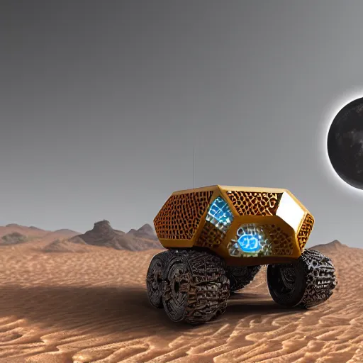 Prompt: robotic vehicle with honeycomb pattern, lunar landscape, concept art