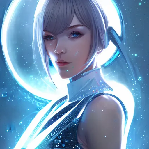 Image similar to beautiful cyborg - girl in sci - fi clothing made of diamonds, reflections, very high intricate details, digital anime art, medium shot, mid - shot, wlop, ilya kuvshinov, artgerm, krenz cushart, greg rutkowski, sana takeda