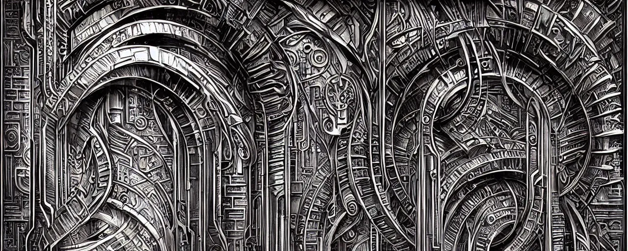 Image similar to a double helix dna cyberpunk steampunk stone carved archway, art deco high details, lineart, by vincent di fate and joe fenton, inking, screen print, masterpiece, trending on artstation, sharp, high contrast, hyper - detailed, ultrawide, hd, 4 k, 8 k