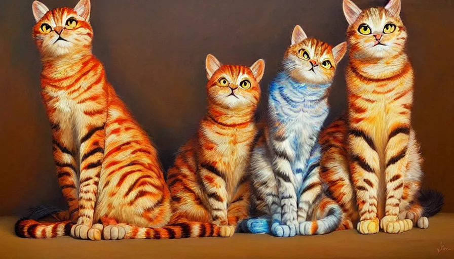 Image similar to highly detailed contemporary acrylic painting of really tall sitting cats by justin gerard, thick brush strokes and visible paint layers, vivid multicolor scheme