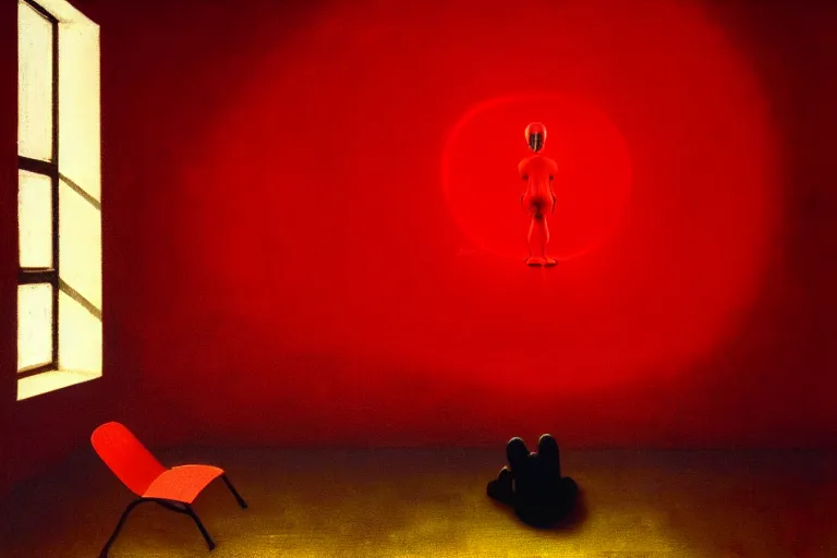 Image similar to only with red, netflix studios with workers, a big mickey mouse head in the middle of the room, in the style of beksinski, parts by edward hopper, parts by rodcenko, parts by yue minjun, intricate and epic composition, red by caravaggio, insanely quality, highly detailed, masterpiece, red light, artstation, 4 k