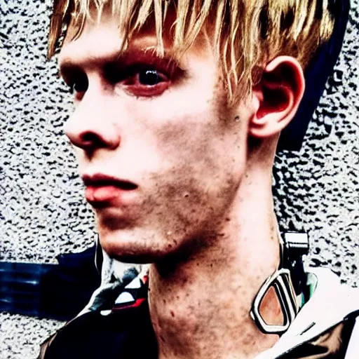 Image similar to “a realistic detailed photo of a guy who is an attractive humanoid who is half robot and half humanoid, who is a male android, rapper Machine Gun Kelly, shiny skin, posing like a statue, blank stare”