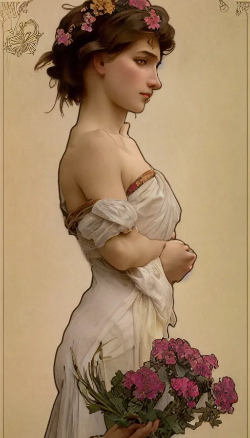 Image similar to elegant, cute girl portrait with open chest white ancient clothes with flovers by alphonse mucha, and octane render