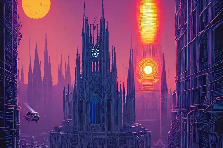 Prompt: a gothic cathedral dan mumford and josan gonzalez and simon stalenhag, cyberpunk, police drones