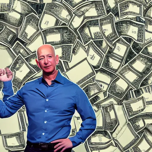 Prompt: Jeff Bezos sitting atop a gigantic pile of money, award-winning art, 8k