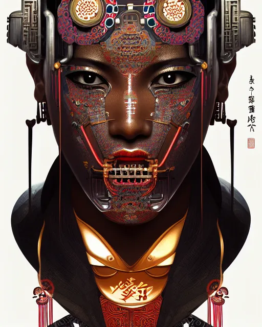 Image similar to portrait of a cyberpunk machine, machine face, upper half portrait, decorated with chinese opera motifs, african! fine china, traditional chinese art, intricate, elegant, highly detailed, symmetry, headpiece, digital painting, artstation, concept art, smooth, sharp focus, illustration, art by artgerm and greg rutkowski and alphonse mucha, 8 k