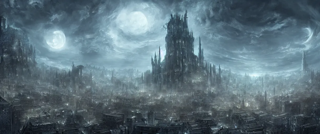 Image similar to digital concept art of large eldritch lovecraftian horror looming over city, dark souls style, volumetric lighting, large scale, night time, moon rays, high detail