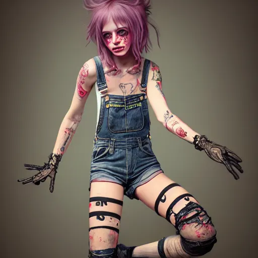 Prompt: full body pose, grungy alice, torn overalls, short shorts, lace gloves, combat boots, fishnets, beautiful, highly detailed face, true anatomy!, extremely detailed!, digital painting, unreal engine 5, art by tom bagshaw