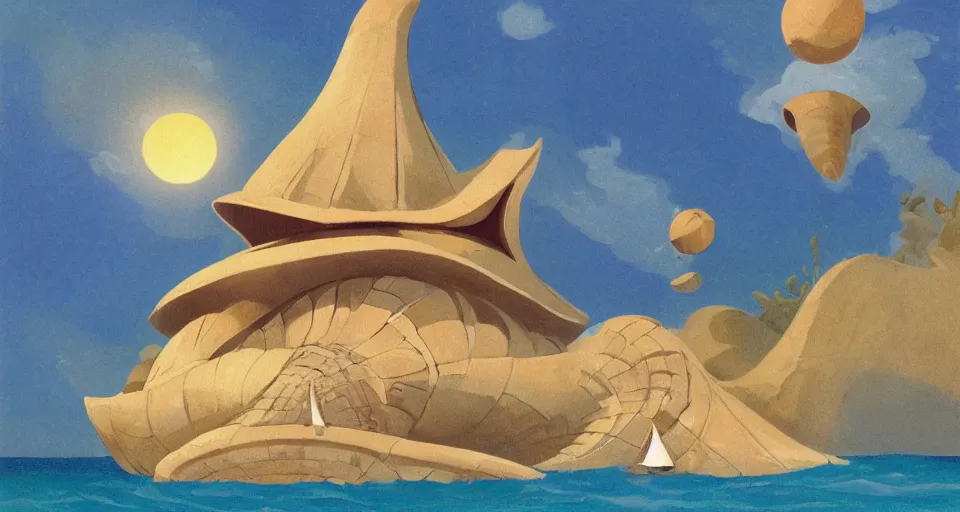 Prompt: giant seashell house in the ocean, by laika, ralph mcquarrie, in the style of zelda windwaker