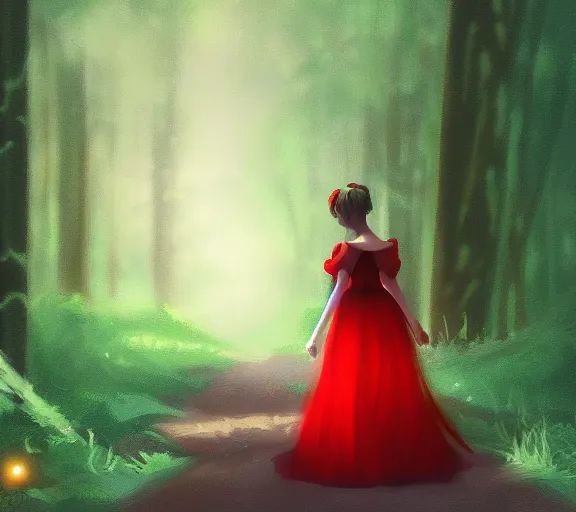 Prompt: a princess looking at a glowing crown, she is wearing a red dress and walking in a forest, digital painting, hd, anime art, smooth, Rutkowski Greg, Tran Ross