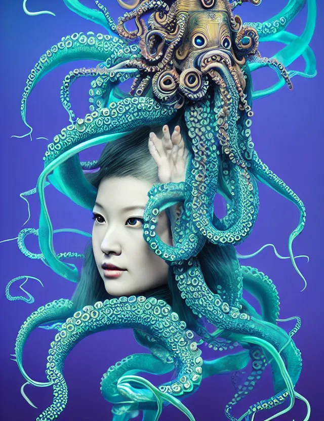 Image similar to 3 d goddess octopus half - turn portrait with long hair with ram skull. beautiful intricately detailed japanese crow kitsune mask and clasical japanese kimono. betta fish, jellyfish phoenix, bio luminescent, plasma, ice, water, wind, creature, artwork by tooth wu and wlop and beeple and greg rutkowski