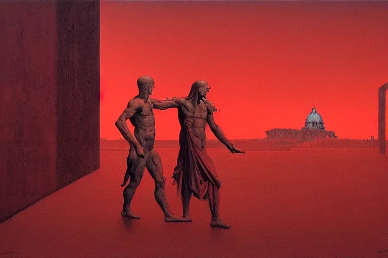 Image similar to only with red, caesar after war, the deal, a red tiger, in hoc signo vinces, rome in background, an ancient path, in the style of beksinski, part by hopper, part by rodcenko, part by hofbauer, intricate composition, red by caravaggio, insanely quality, highly detailed, masterpiece, red light, artstation