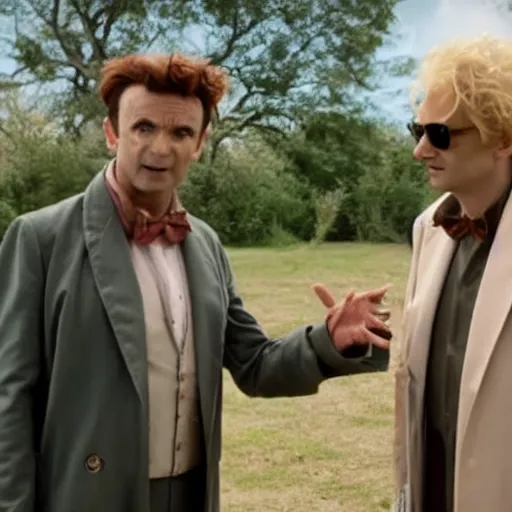 Image similar to film still from the show good omens