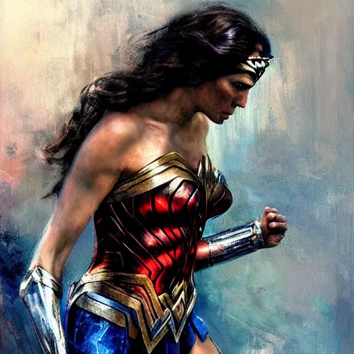 Prompt: wonder woman, realistic, ultrahd, jeremy mann painting