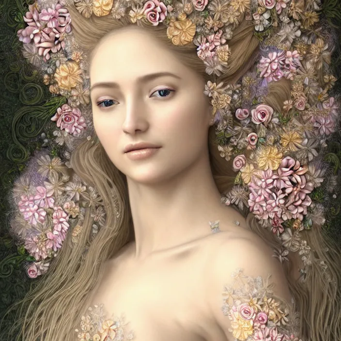 Image similar to photo portrait of a beautiful woman like a nymph - flowers - dressed in long elegant intricate ornamental ethereal floral dress, natural skin tone, highly detailed realistic flowers ornament in the upper side of breast, bust with a long beautiful neck , long blond hair are intricate with highly detailed realistic flowers, elegant, Realistic, Refined, Highly Detailed, natural soft pastel lighting colors scheme, fine art photography by Cecil Beaton, volumetric lighting, hyper realistic photography