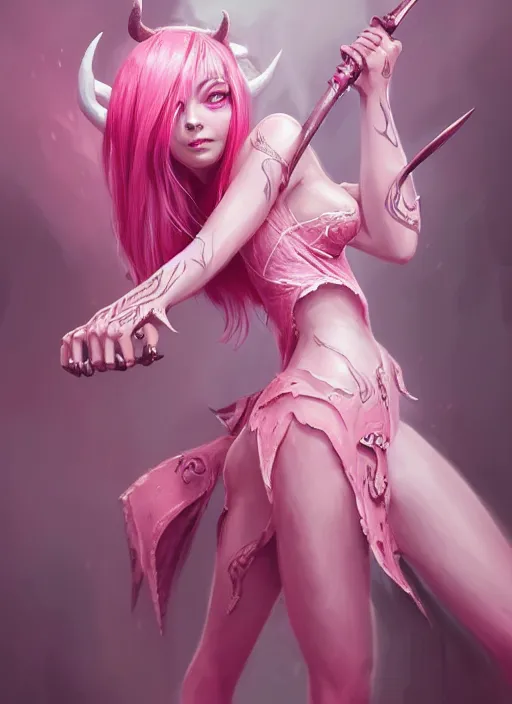 Image similar to a highly detailed illustration of cute pink haired pale demon girl with horns wearing pink dress wielding claws, dramatic claw pose, intricate, elegant, highly detailed, centered, digital painting, artstation, concept art, smooth, sharp focus, league of legends concept art, wlop.