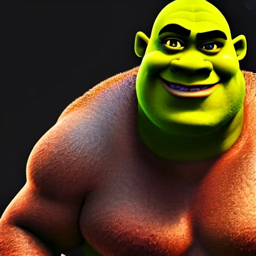 Prompt: muscular shrek with red glowing eyes, highly detailed, high quality, hd, 4 k, 8 k, canon 3 0 0 mm, professional photographer, 4 0 mp, lifelike, top - rated, award winning, realistic, sharp, no blur, edited, corrected, trending