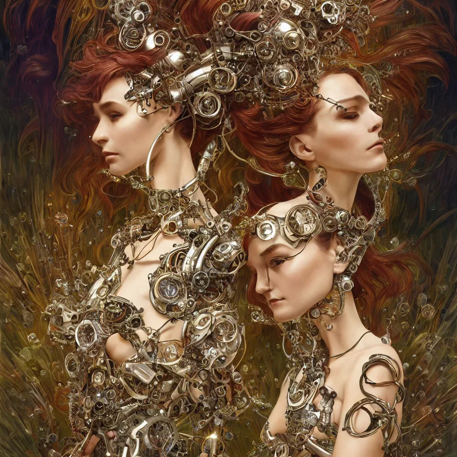 Prompt: organic cyborg, bulgari jewelry design, diffuse lighting, fantasy, intricate, elegant, highly detailed, lifelike, photorealistic, digital painting, artstation, illustration, concept art, smooth, sharp focus, art by john collier and albert aublet and krenz cushart and artem demura and alphonse mucha