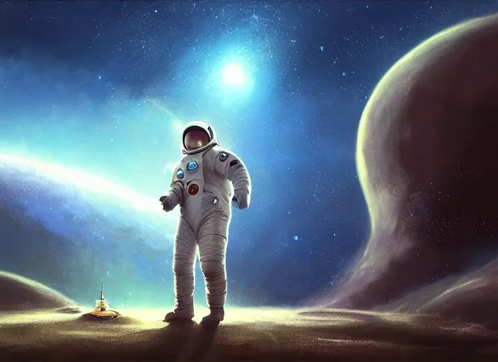 Prompt: craig mullins and ghibli digital illustration of an astronaut floating in the middle of the cosmos playing the oud playing the oud oud oud!!! improvisation, full body!!!, strong contrast, earth, galaxies, ethereal, inviting, bright, unreal engine, hyper realism, realistic shading, cinematic composition, wide shot