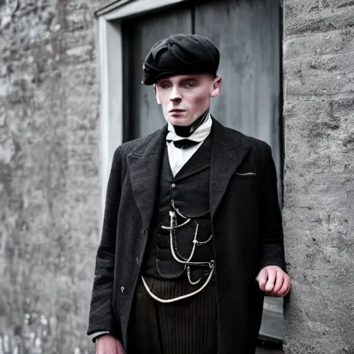 Image similar to photo of a british young man wearing peaky blinders outfits,